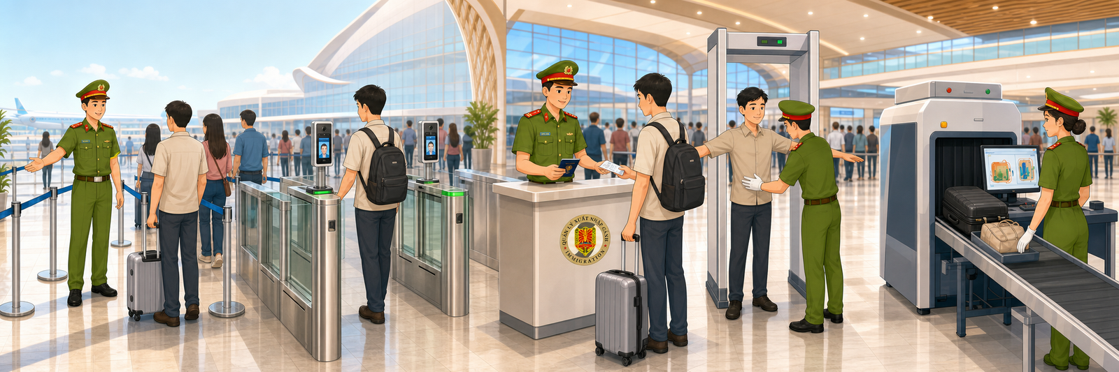 Năm bước kiểm tra an ninh tại Cảng Hàng Không Đồng Hới: hướng dẫn, nhận diện khuôn mặt, kiểm tra thông tin, kiểm tra sau cổng từ và soi chiếu