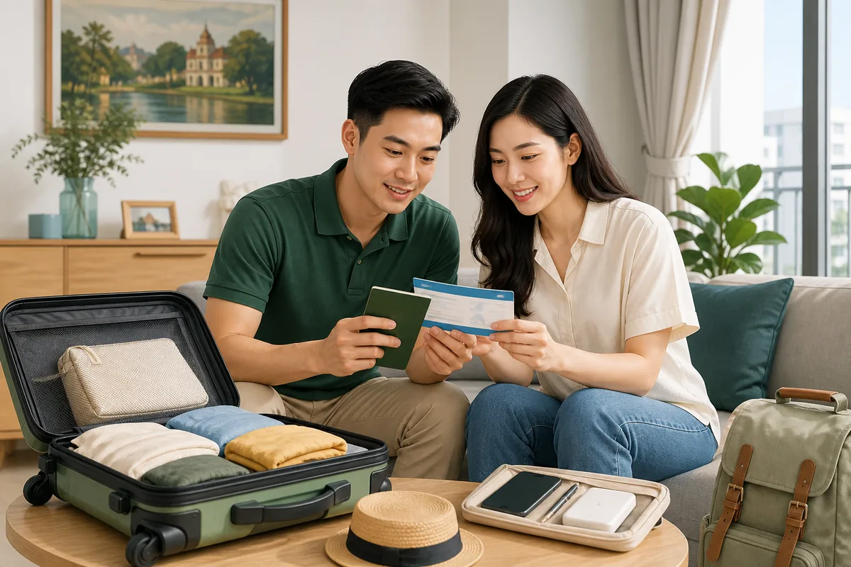 Hành khách kiểm tra giấy tờ và thông tin chuyến bay trước khi đến sân bay