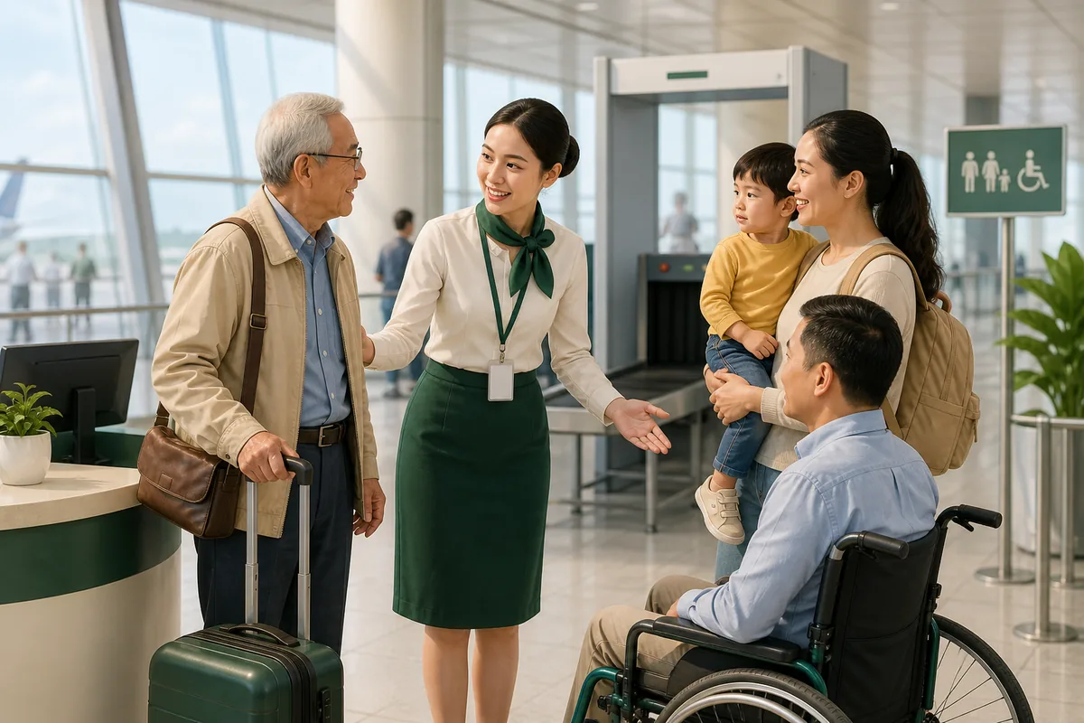 Nhân viên sân bay hỗ trợ người cao tuổi, gia đình có trẻ nhỏ và hành khách sử dụng xe lăn