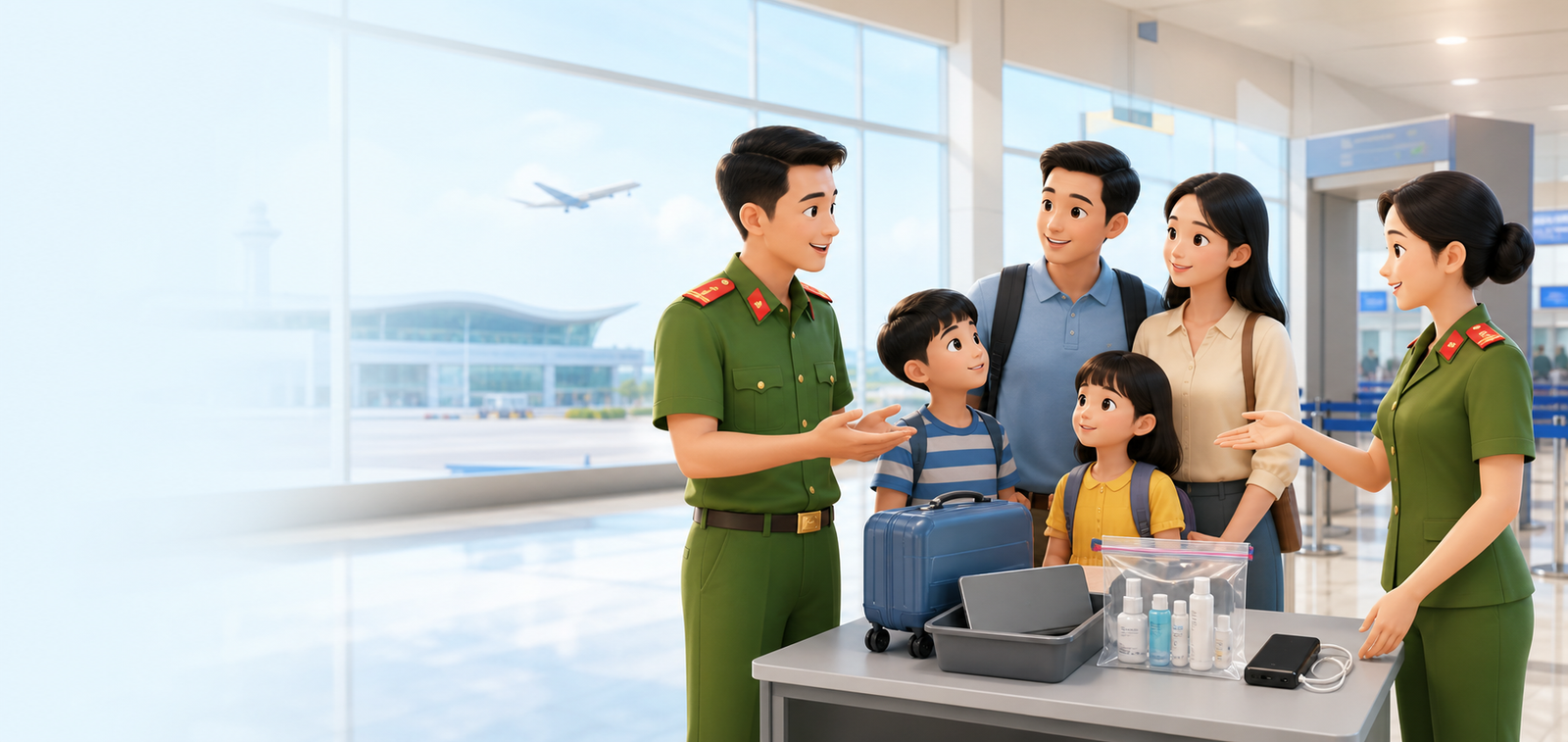 Cán bộ công an hướng dẫn một gia đình hành khách chuẩn bị hành lý tại cảng hàng không