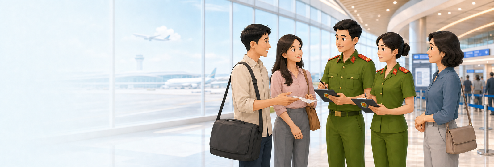 Cán bộ an ninh hàng không cầm sổ có logo đơn vị, lắng nghe và tiếp nhận phản hồi của người dân tại cảng hàng không